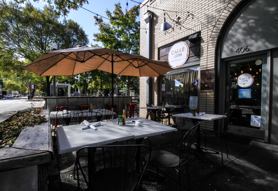 exterior, sitting area with parasols