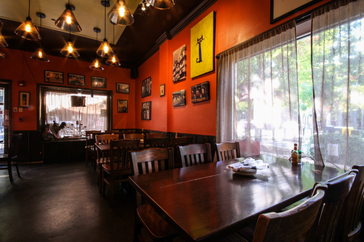 interior, big wooden tables close